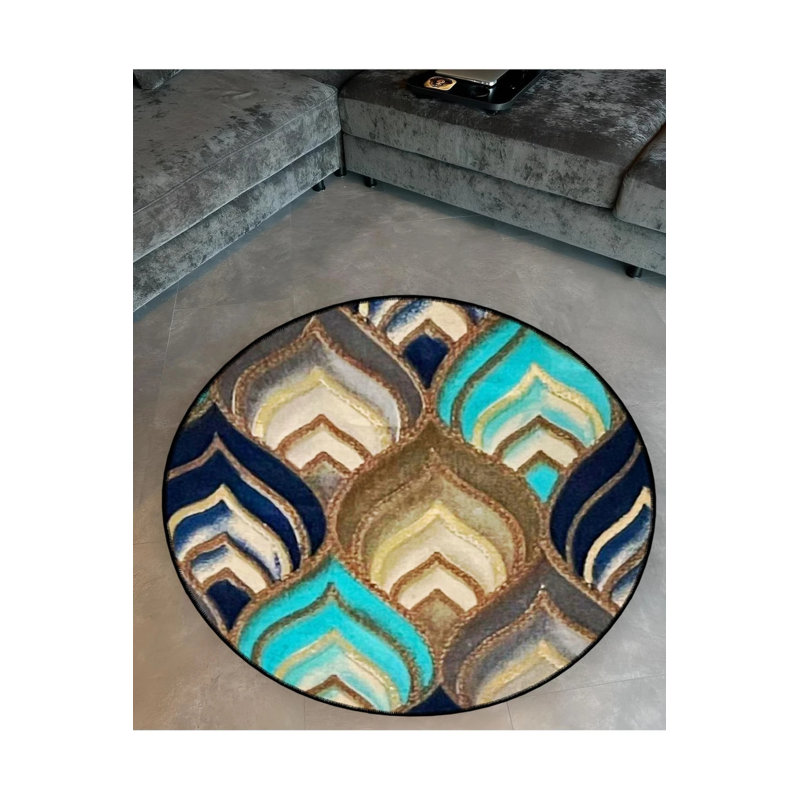 Multicolored Suzani Motif Patterned Round Woven Base Vintage Decorative Carpet, Round 3'4"