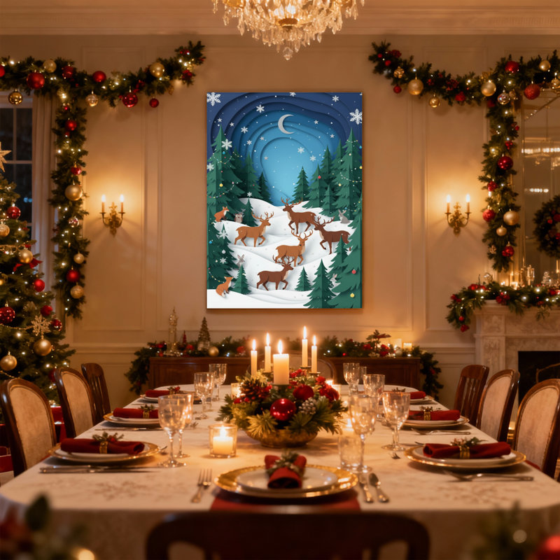 Ensemble de 3 impressions sur toile de Noël flocons de neige, forêt et cerfs au clair de lune, H 36 po x l 24 po