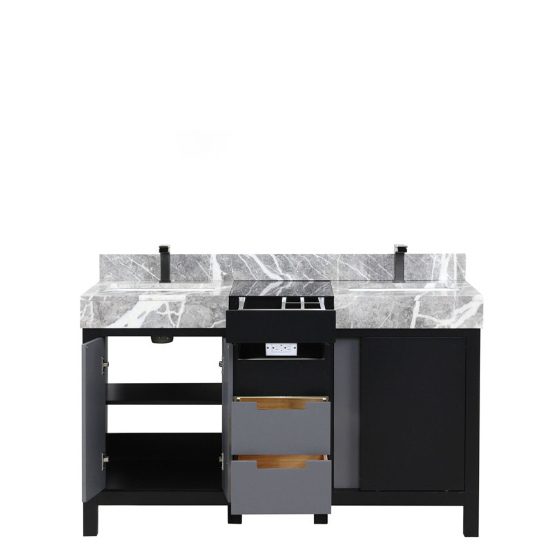 Ensemble de meuble-lavabo double avec plateau en marbre gris château et robinet en métal