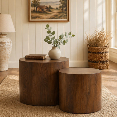 Nesting Coffee Table Set of 2, Modern Round Coffee Table with Non-Slip Feet, Wood Side Table for Living Room, Bedroom, Office, Balcony, Terrace,Small