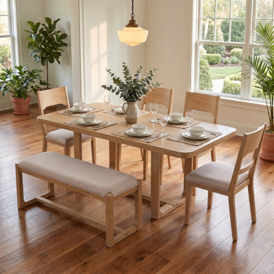 60"-84" Expandable Extendable Solid Wood Dining Table Set, 6-Piece Rectangular Dining Room Set with Padded Chairs & Bench
