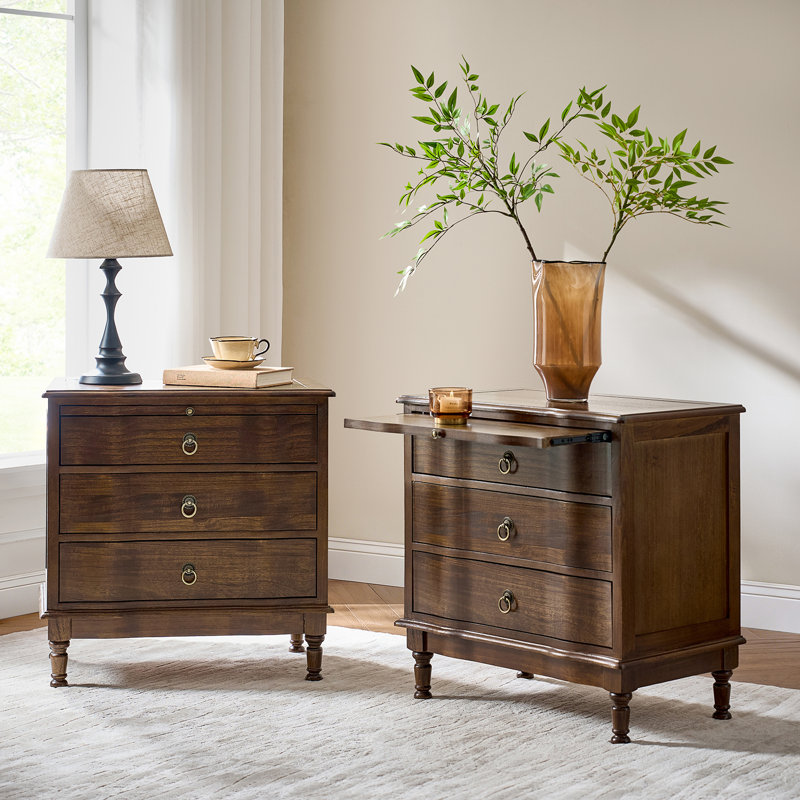 Elfine Coastal Traditional 3-Drawer Curved End Table with Pull-out Shelf and Simple Assembly and Charging Station, Walnut