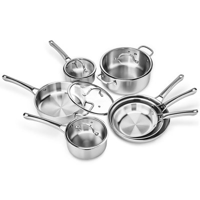 11-Pcs Stainless Steel Cookware Set Tri-Ply Pots And Pans Set With Lids