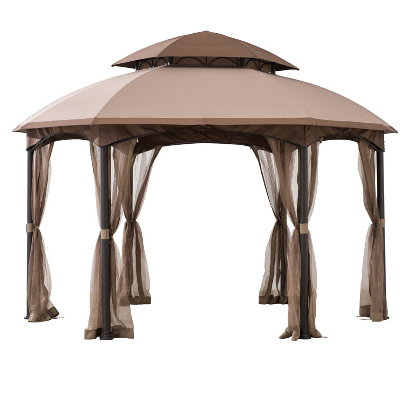 Sunjoy 13.5 ft. x 13.5 ft. Brown Steel Gazebo with 2-tier Tan and Brown Dome Canopy
