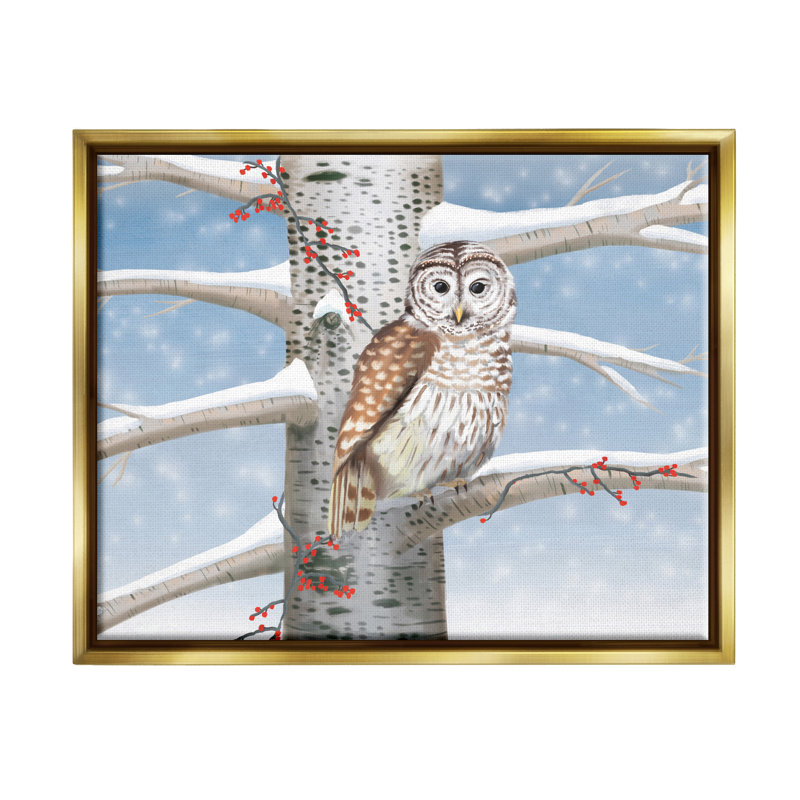 «Snowy Birch Tree Owl» par Caro Windmuller, impression, H 25 po x l 31 po x P 1,7 po, Cadre flottant métallique doré