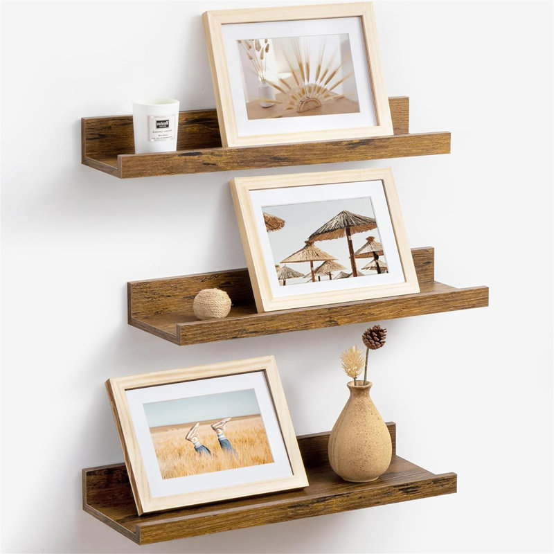 Rustic Floating Shelves Set of 3 with Lip, Picture Ledge Shelf for Nursery, Living Room – Multipurpose Storage Organizer, Bookshelf, & Photo Display Rack Rustic Brown