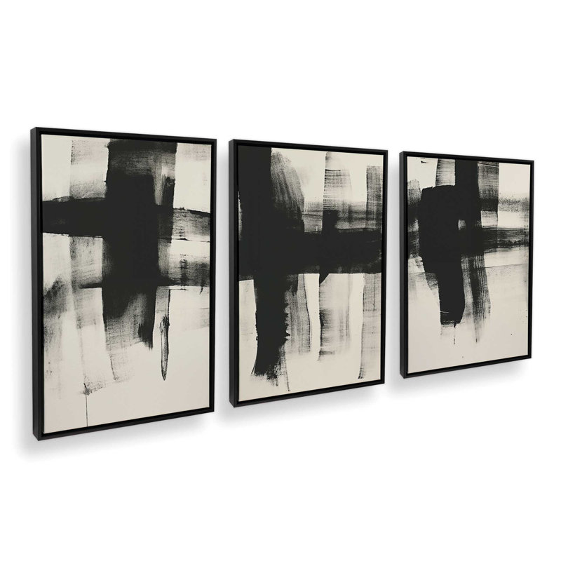 Ensemble de 3 impressions sur toile gris anthracite, Cadre flottant noir satiné, H 18,75 po x l 38,25 po x P 1,75 po