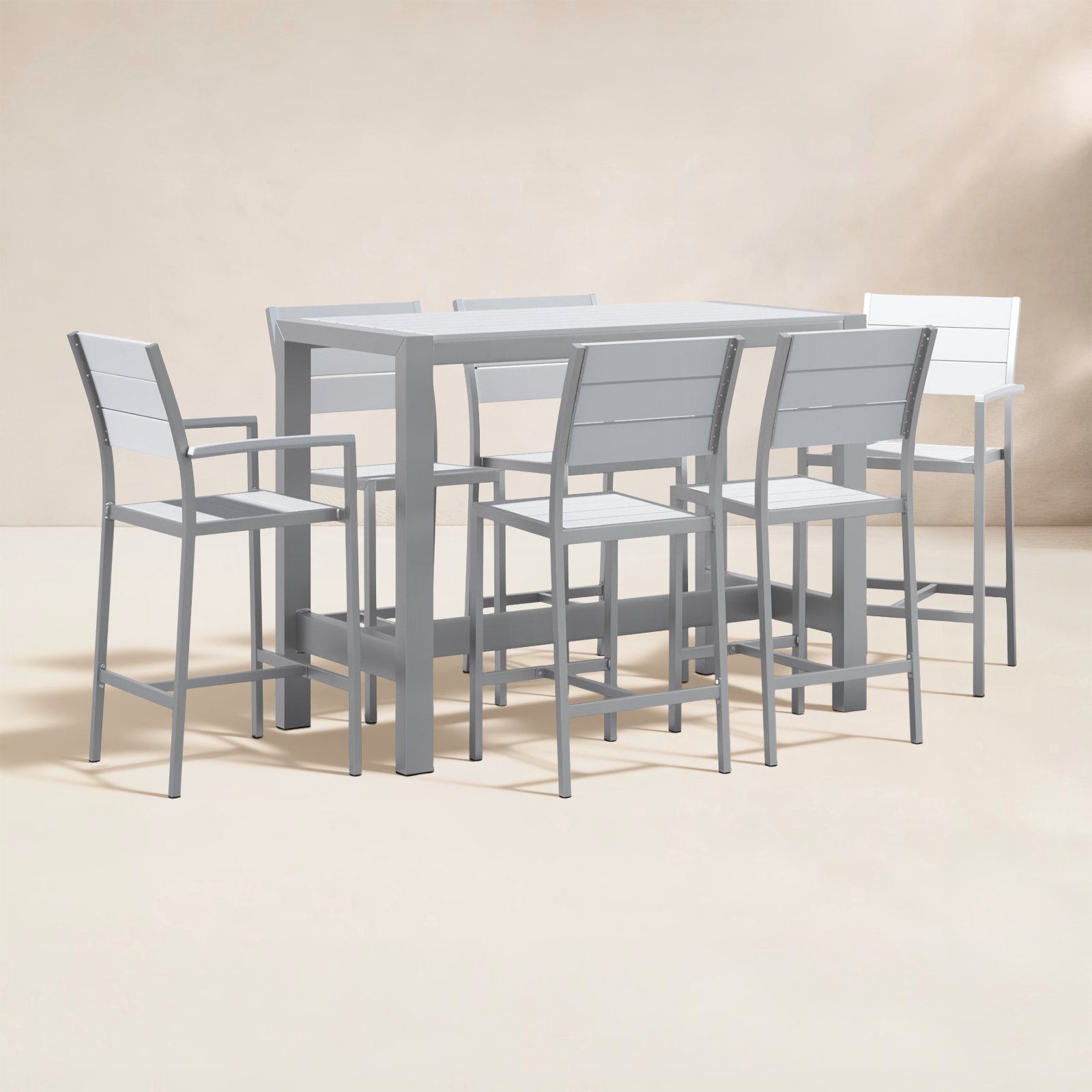 Betty Rectangular 6 - Person 59" Long Aluminum Bar Height Dining Set, White, Silver