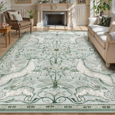 Goldene Whimsical Woodland Animal Washable Area Rug for Kids Room & Nursery, Soft Botanical Non-Slip Playroom Carpet