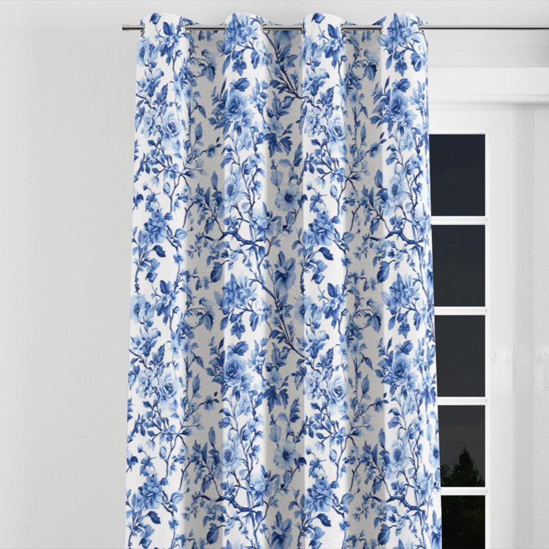 French Country Velvet Curtains - Blue French Garden Toile Grommet Curtain - 1 Panel, 52" W x 63" L, Silver Grommets