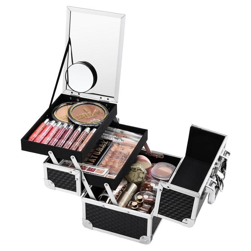 Boîte à maquillage Boîte de rangement pour cosmétiques Boîte à bijoux - 2 plateaux Verrou à clé Portable avec miroir de rangement Voyage de style moderne noir