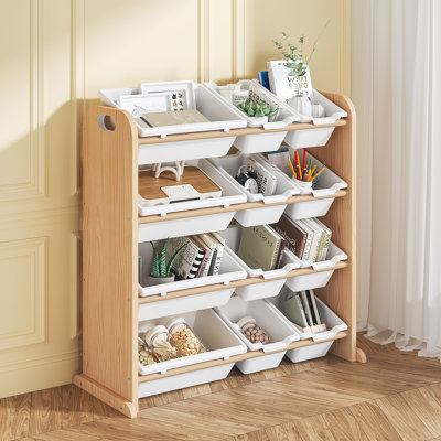 Bibliothèque moderne à 4 niveaux, bibliothèque polyvalente, étagère à cadre en bois avec 12 bacs de rangement amovibles, organisateur de bureau polyvalent et présentoir d'artisanat
