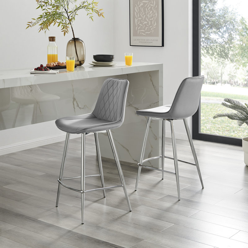 Palermo Luxury Quilted Breakfast Bar Stool - Velvet Upholstered Design, Silver, Grey