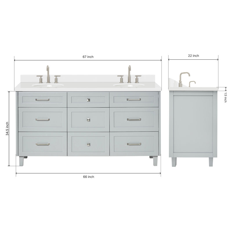 ARIEL Monroe 72 Double Sink Bathroom Vanity with Carrara Quartz Top, Gray, 60" - 61", Pure White Quartz