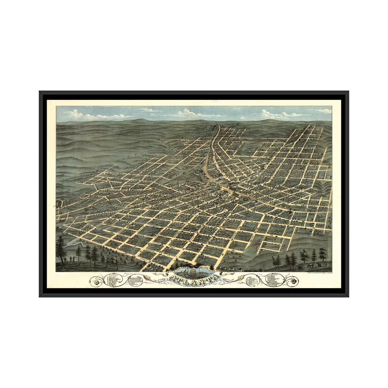 « atlanta map, 1871 », impression sur toile, H 18 po x l 26 po x P 1,5 po, Toile avec cadre noir, Pas de tapis
