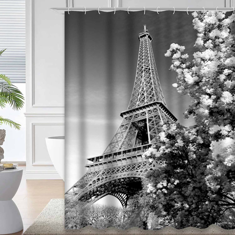 Rideau de douche style Eiffel à 12 crochets noir et blanc Tour Eiffel, L 72 po x l 84 po