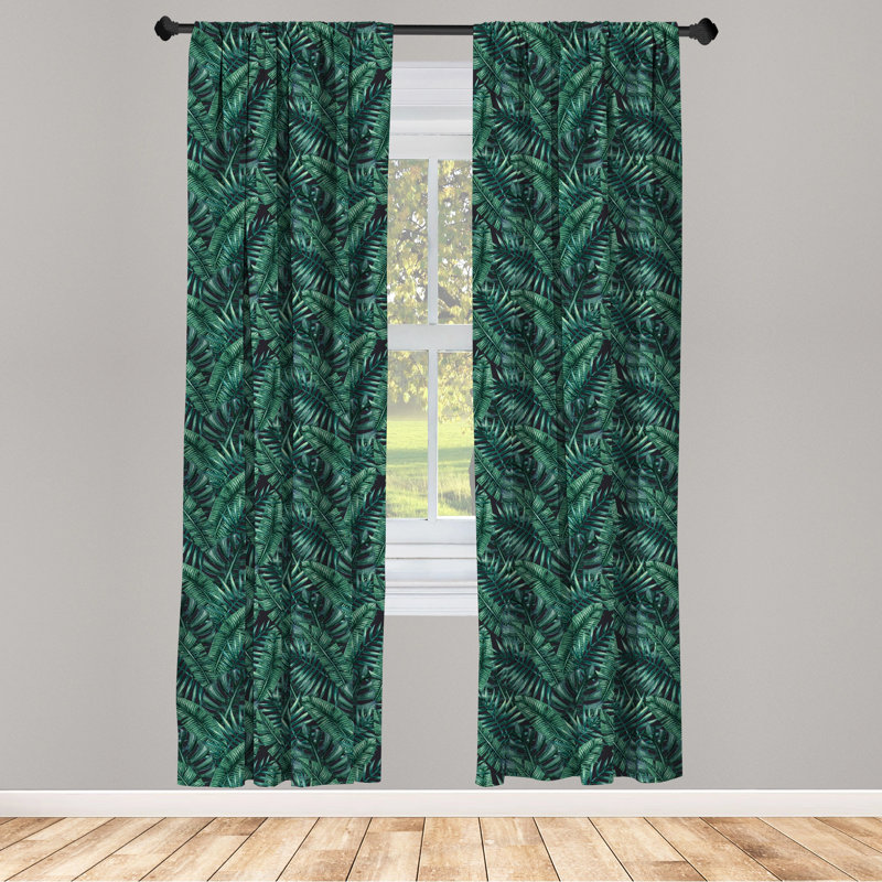 Palm Leaf Semi-Sheer Rod Pocket Curtain Panels, 28" x 95", Dark Green