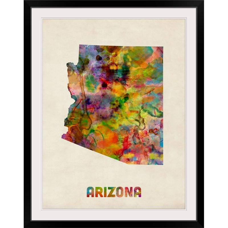 Francy «Arizona Watercolor Map» par Abarca, impression, Cadre noir, H 24 po x l 20 po x P 1 po