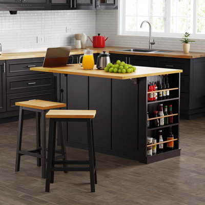 K&k 53" Large Kitchen Island: Includes 2 Bar Stools, Electrical Outlet, In-door Storage, 5 Casters With Folding Leaves, 5 Side Shelves, 3 Drawers by Lark Manor