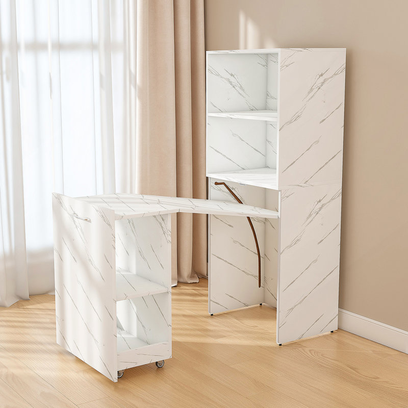 Bureau extensible avec tablettes de rangement et roues mobiles, pliable et peu encombrant pour petits appartements et bureaux, finition marbre blanc