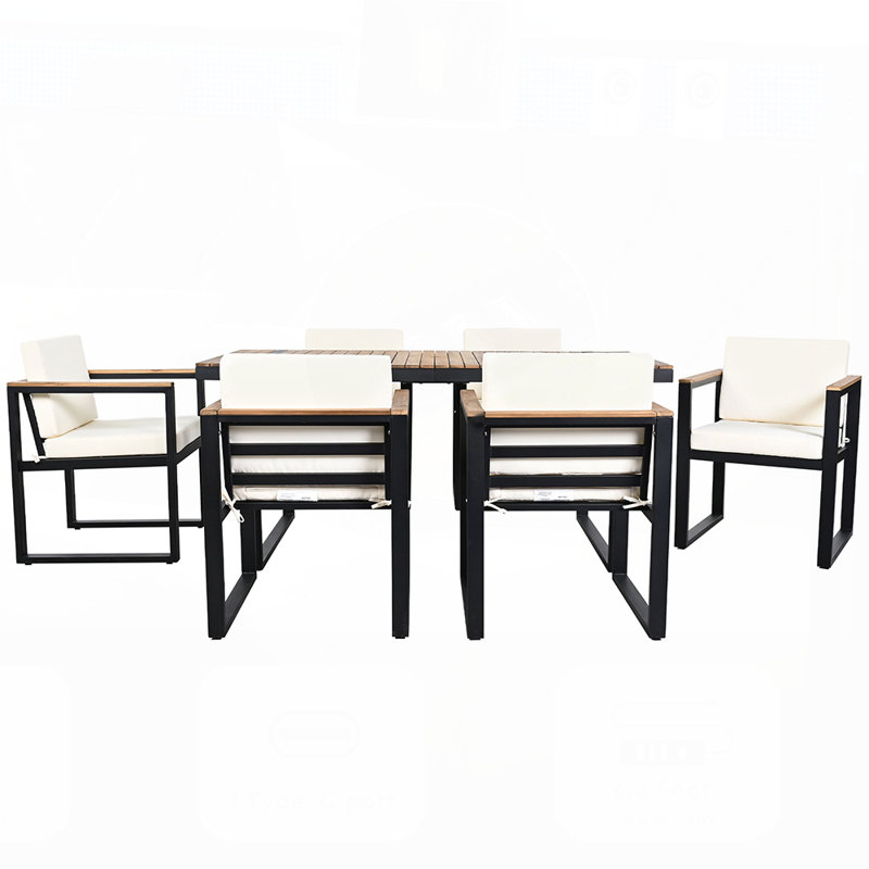 Ensemble repas 7 pièces avec coussins amovibles pour le patio, la cour et le jardin, Beige