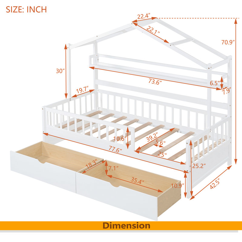Lit en bois avec 2 tiroirs, Lit simple