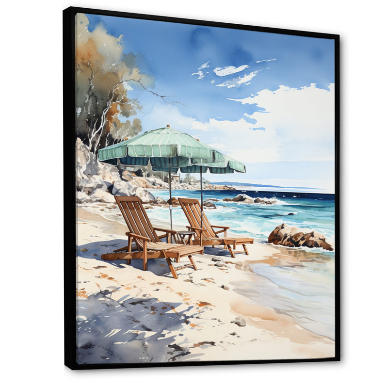 «Beach Chairs Scenery I», reproduction sur toile, H 32 po x l 16 po x P 1 po, Cadre flottant noir