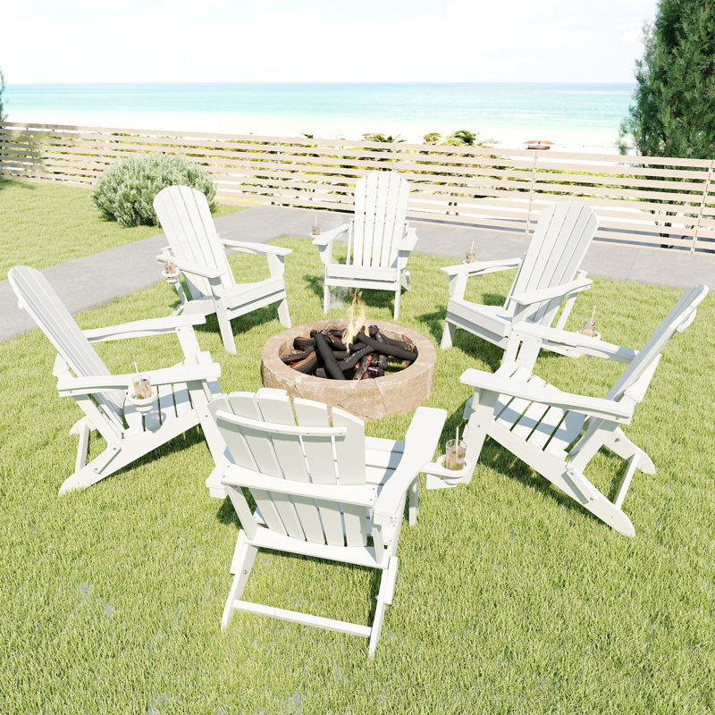 HDPE Folding Adirondack Chair with Cup Holder,  White, White
