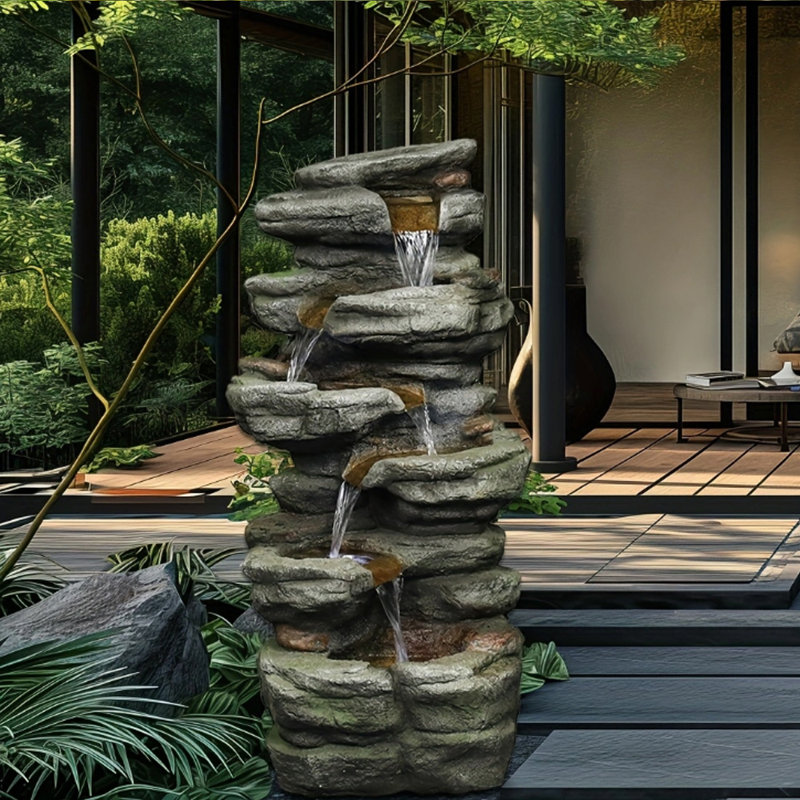 6-Tiers Rock Waterfall Fountain - 30.7Inches Outdoor Water Fountain With Led Lights For Home Garden Decor