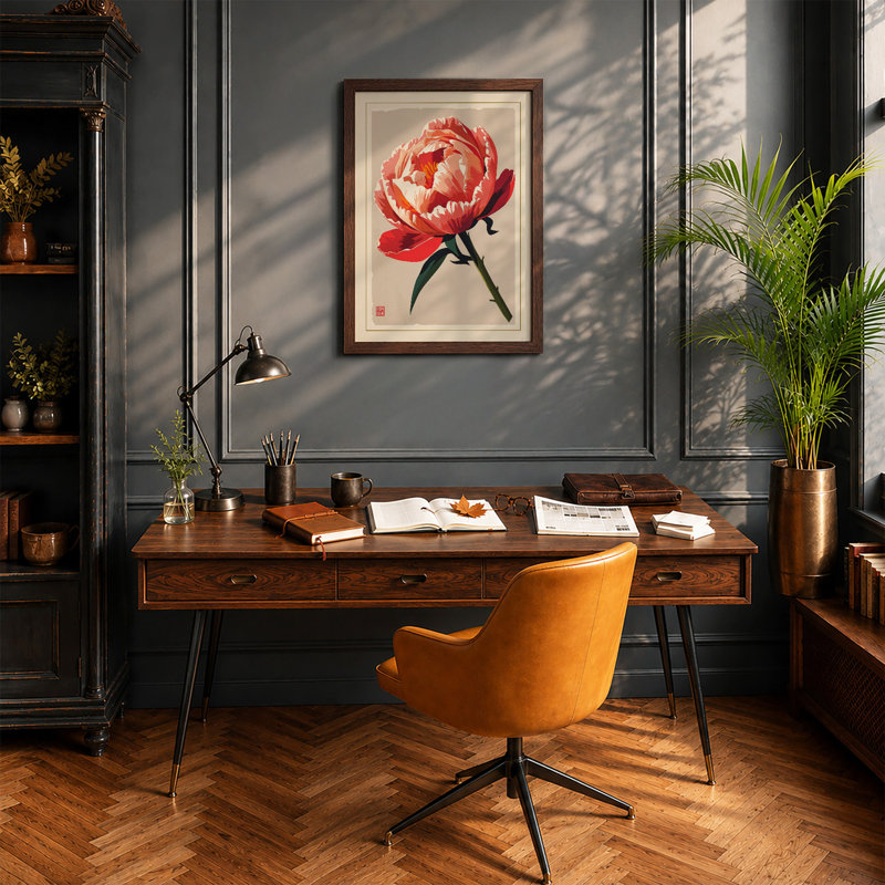 Peony In Bloom Botanical - Print, A2 - 59.4 x 42.0 cm, Walnut
