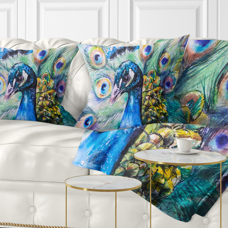 Magnifique paon aquarelle - coussin imprimé animal, 16 po x 1 po, Coussin décoratif