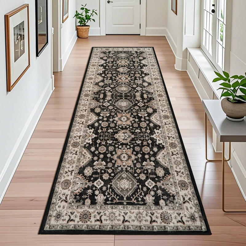 Washable Hallway Rug: Non Slip Rugs with Rubber Backing Soft Kitchen Rug Farmhouse Distressed Carpet Runner for Living Room Bedroom Bathroom (Black)