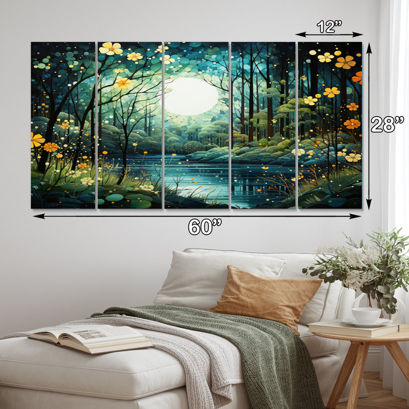 «Forest Enchanted Forest Pointillism I», impression sur toile de paysages - 5 panneaux égaux