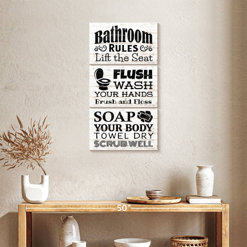 «Bathroom Humor Quotes Quick Bathroom Rules on Canvas», reproduction de 3 pièces, H 38 po x l 18 po x P 1,25 po