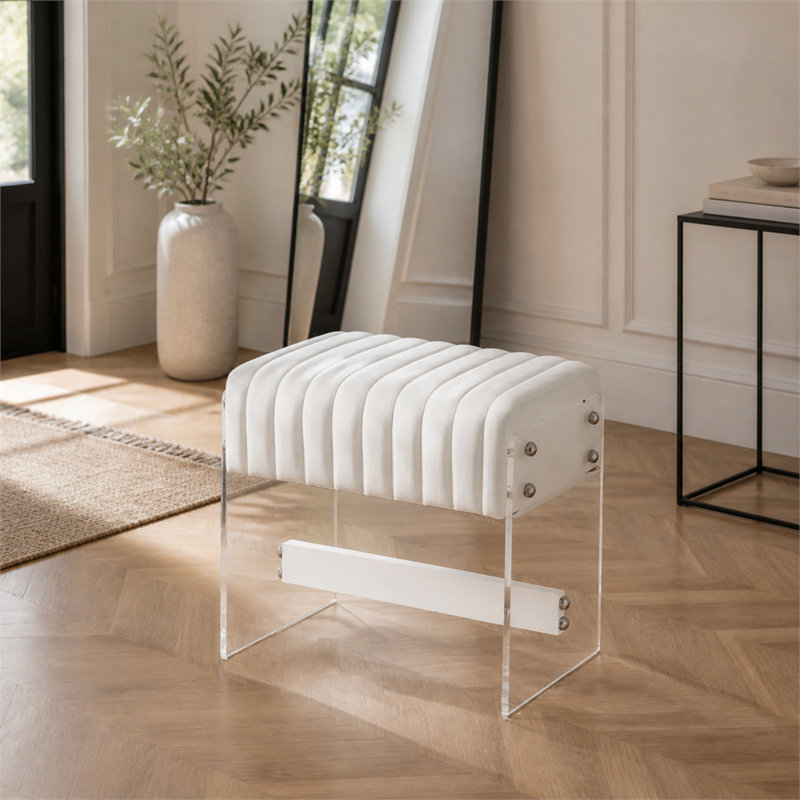 Tabouret de coiffeuse simple de luxe moderne avec surface en similicuir blanc et coussin éponge haute densité, pieds en acrylique transparent, convenant à la chambre à coucher, au vestibule et au salon