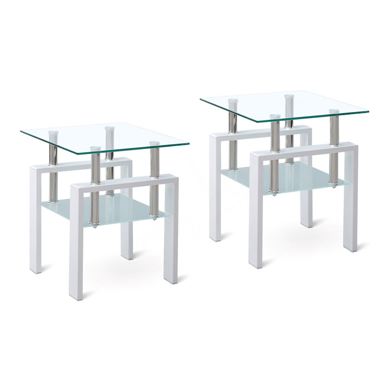 Table de bout 2 pièces en verre trempé transparent avec rangement double couche