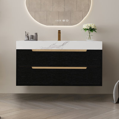 35.4" Modern Bathroom Vanity with Sintered Stone Top & Undermount Sink, Waterproof Multi-Layer Solid Wood Cabinet, 4 Storage Drawers, Freestanding & Wall-Mounted Design
