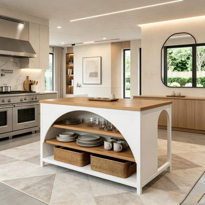 56" Farmhouse Kitchen Island with Open Storage and Natural Top