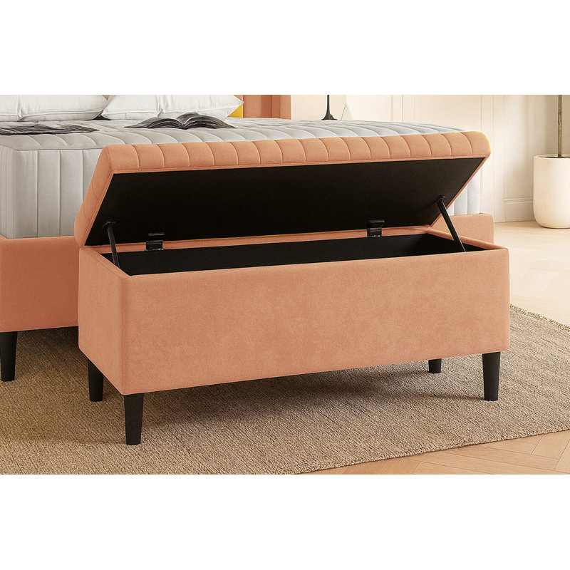 Plush Velvet Lined Upholstered Ottoman Storage Box with Wooden Legs, Mink, 45cm H X 150cm W X 40cm D