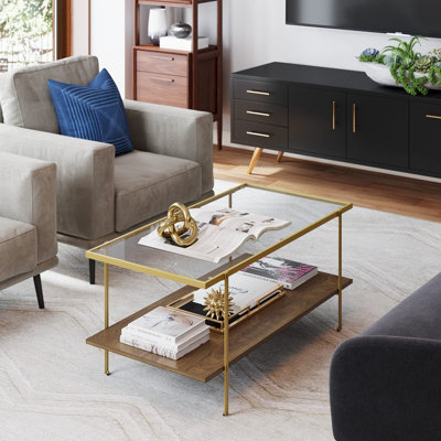 Table basse à 2 niveaux Asher, plateau en verre, tablette inférieure, design industriel moderne