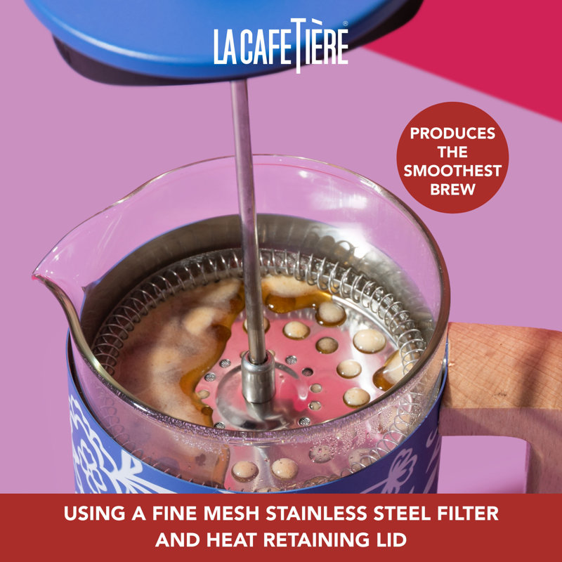 La Cafetière Pisa 8 Cup 1L Stainless Steel Cafetiere, Blu Fiorato Heat Retaining French Press with Wooden Handle and Comfortable Push Plunger