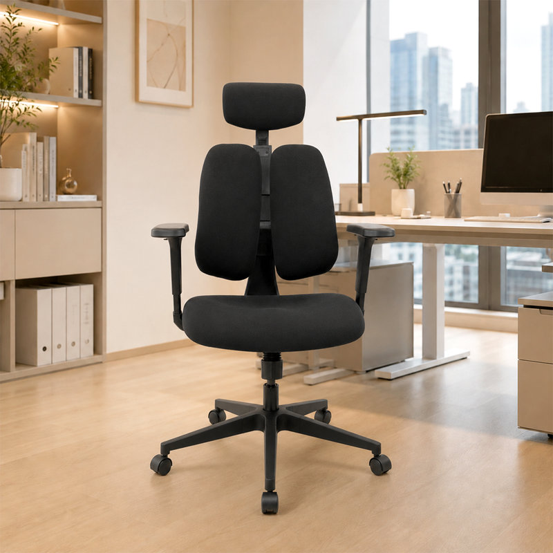 Chaise de bureau ergonomique à dossier divisé avec appui-tête 2d réglable et accoudoirs 4d, Without Footrest