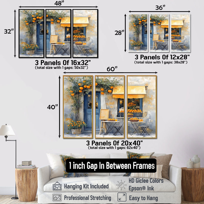 French Cafe in Yellow and Blue Tones - French Cafe Wall Art, ensemble de salon, Toile encadrée flottée blanche