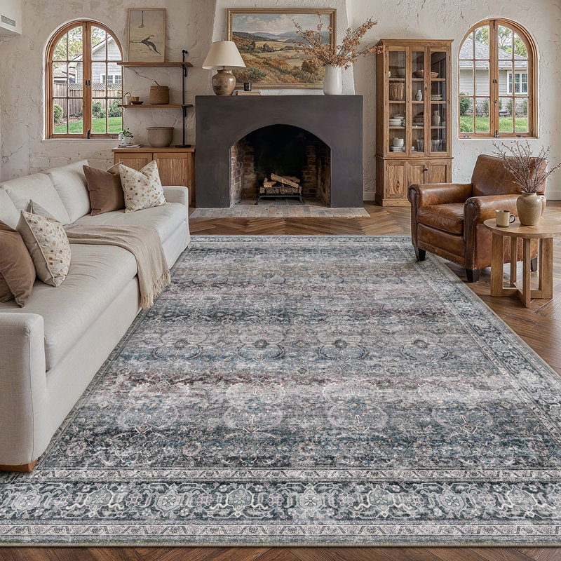 Tapis délavé vintage délavé Selena - mauve / gris, Pourpre / Gris, Rectangle 9 pi x 12 pi