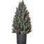 Arbre de Noël miniature avec pointes floquées et décorations des Fêtes, pomme de pin décorative