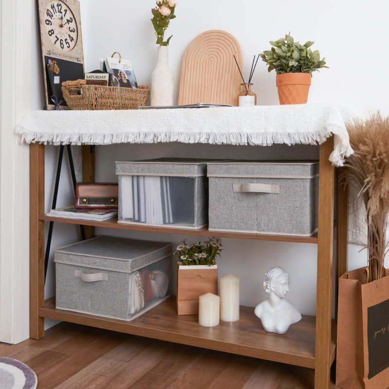 Ensemble de 3 bacs pliables en tissu avec couvercle et poignée, Gris