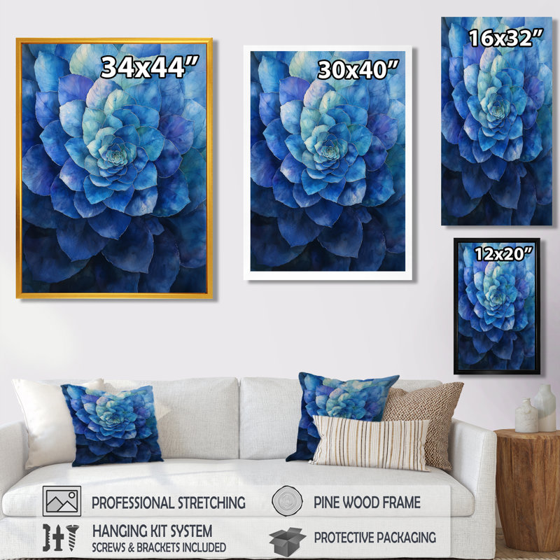 Bleu et vert hortensia Vortex IV - art mural hortensia, Reproduction avec cadre flottant, H 44 po x l 34 po, Blanc