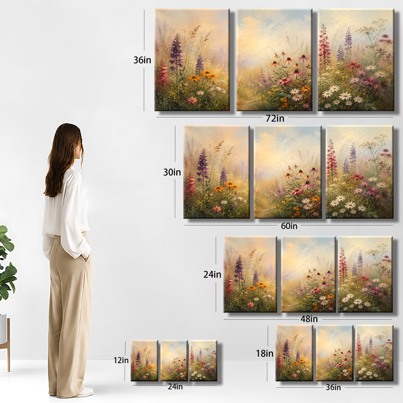 «Wildflower Meadow Sunrise Floral», impression sur toile 3PC, H 24 po x l 48 po x P 1 po