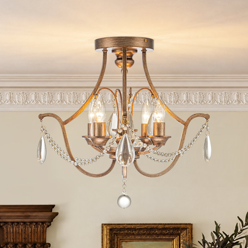4 - Light Bead Clear Crystal Drop Candle Semi Flush Mount