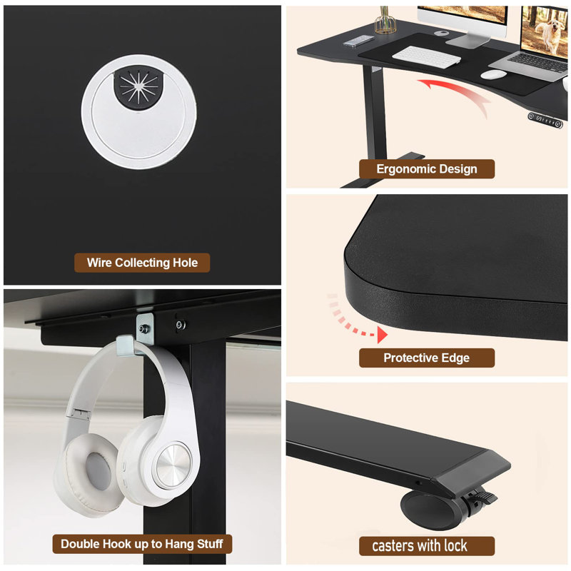 Kriaris Height Adjustable Gaming Standing Desk with Built in Outlets, Black